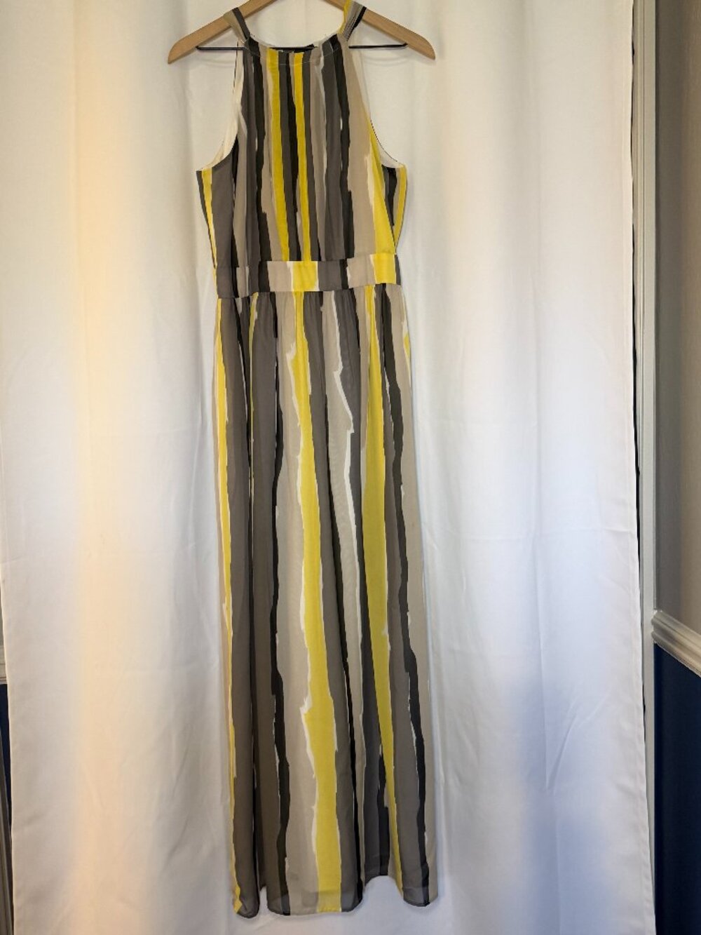 Anne Klein Womens Halter Neck Chiffon Maxi Dress Yellow Gray White Stripe 12 EUC